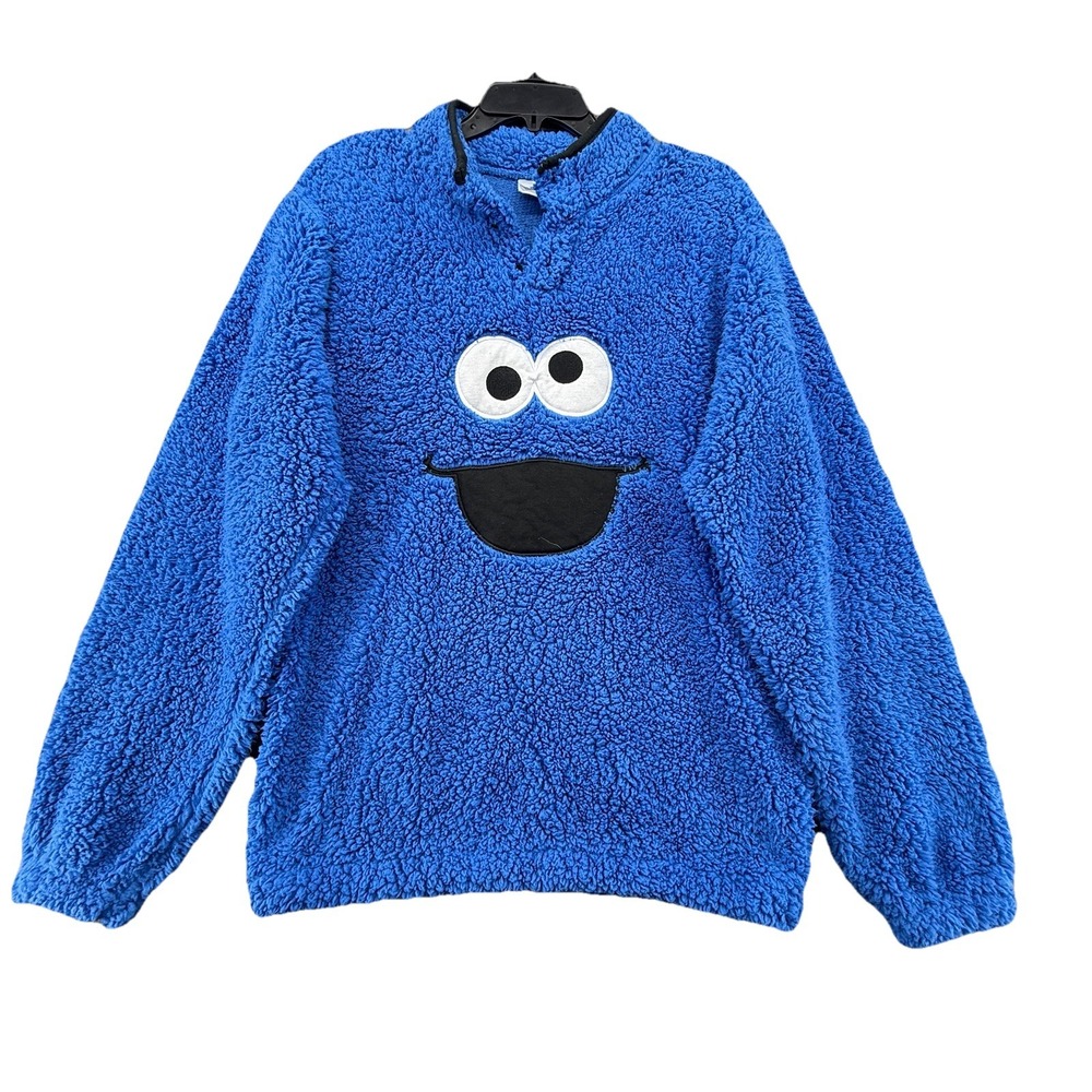 Sesame Street Men's Sherpa Cookie Monster Snap Buttons Pullover Blue Size Medium